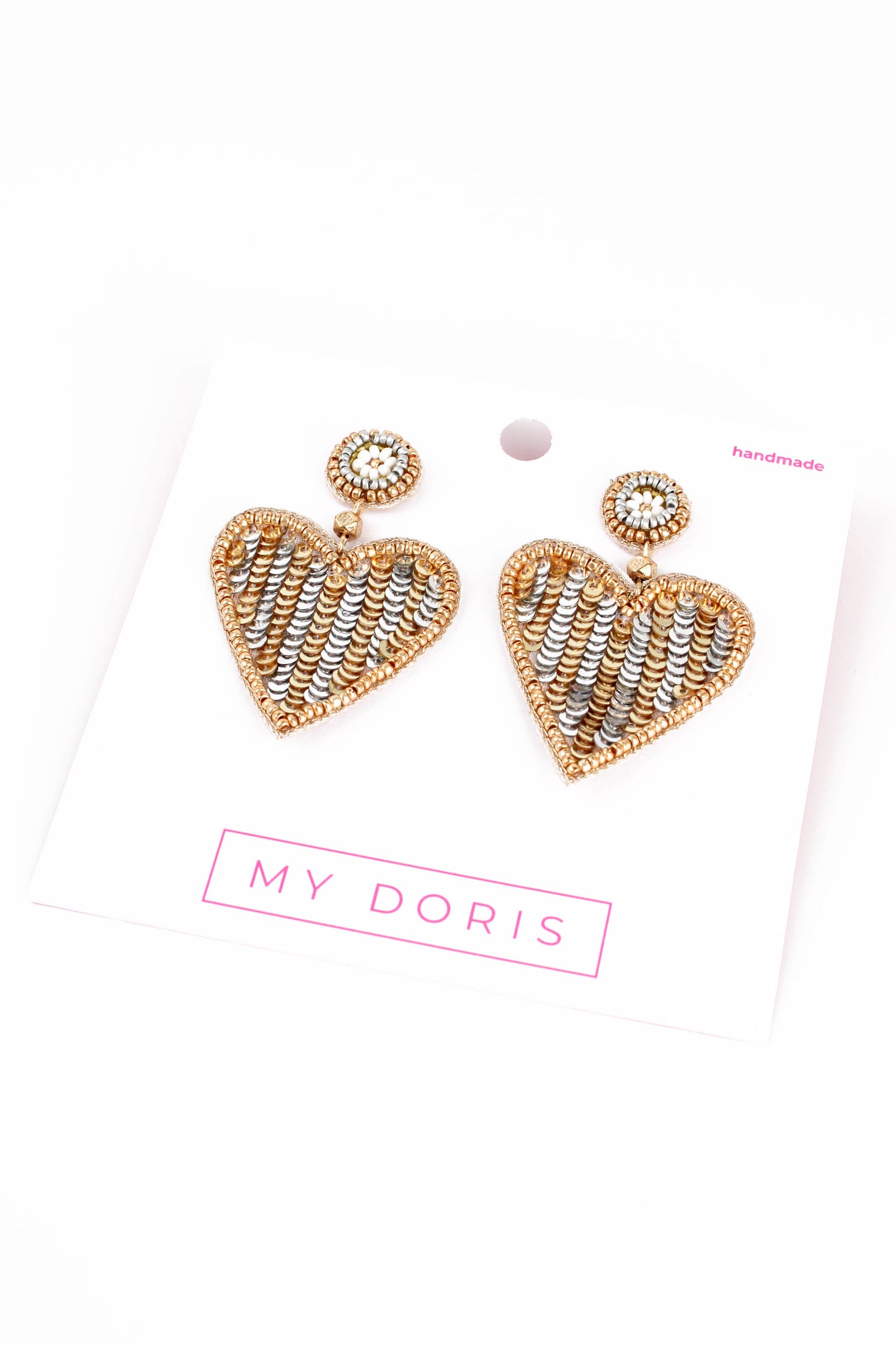 SILVER & GOLD STRIPE BEADED HEART EARRINGS