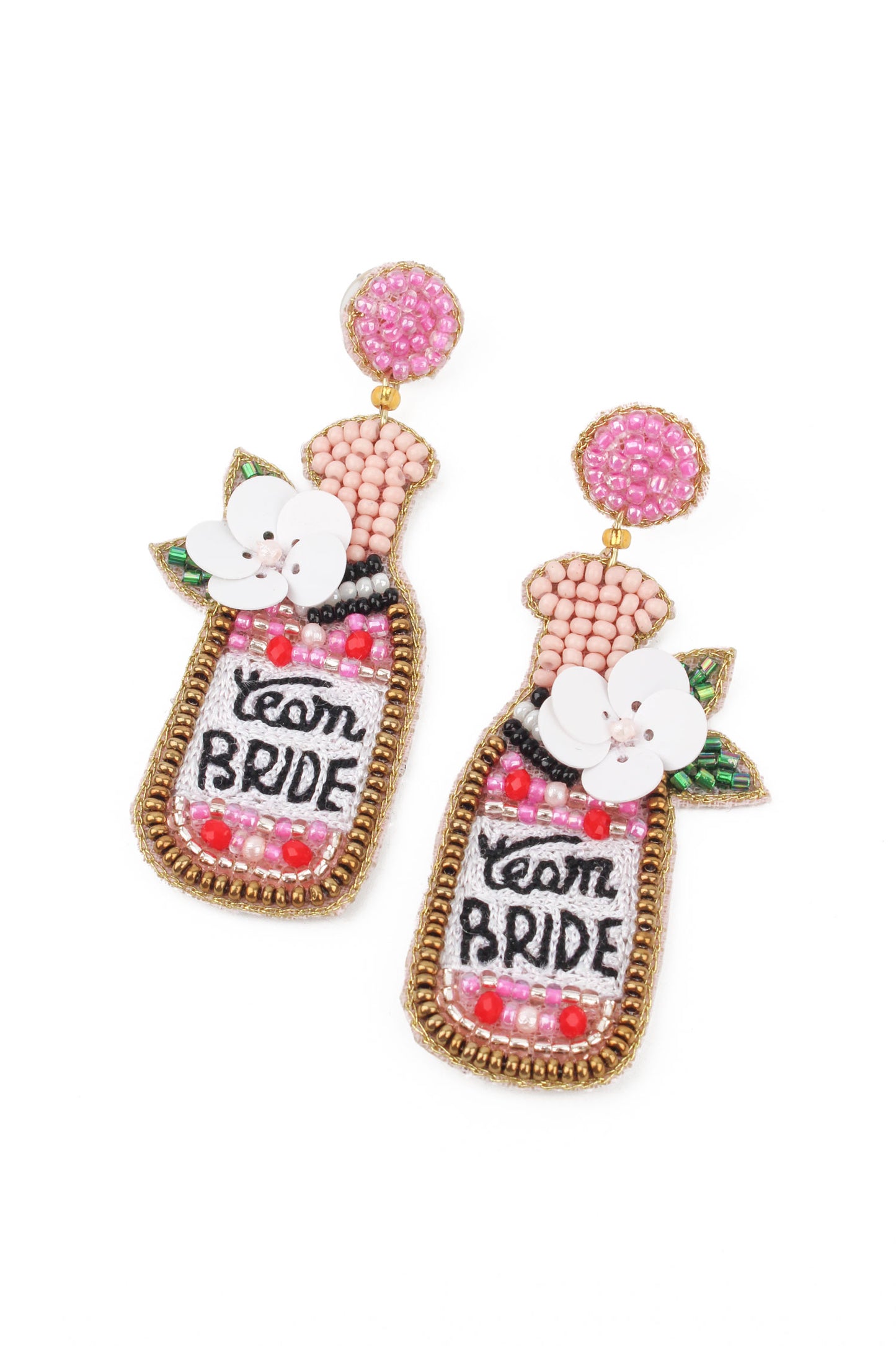 TEAM BRIDE PINK BOTTLE BEADED EARRINGS