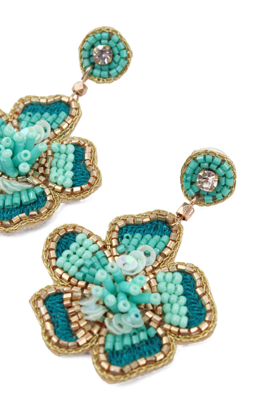 TURQUOISE FLOWER BEADED EARRINGS