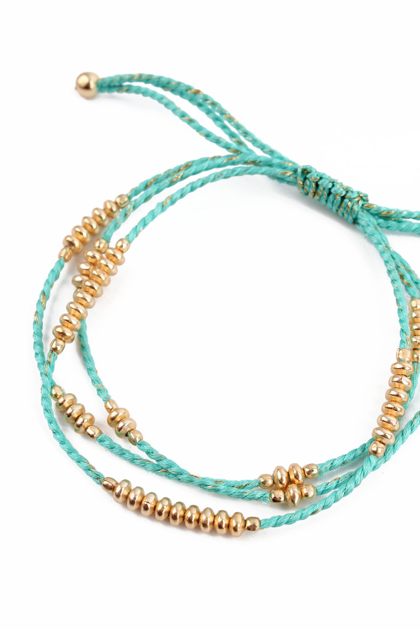 TURQUOISE BLUE ROPE GOLD METAL BEAD BRACELET