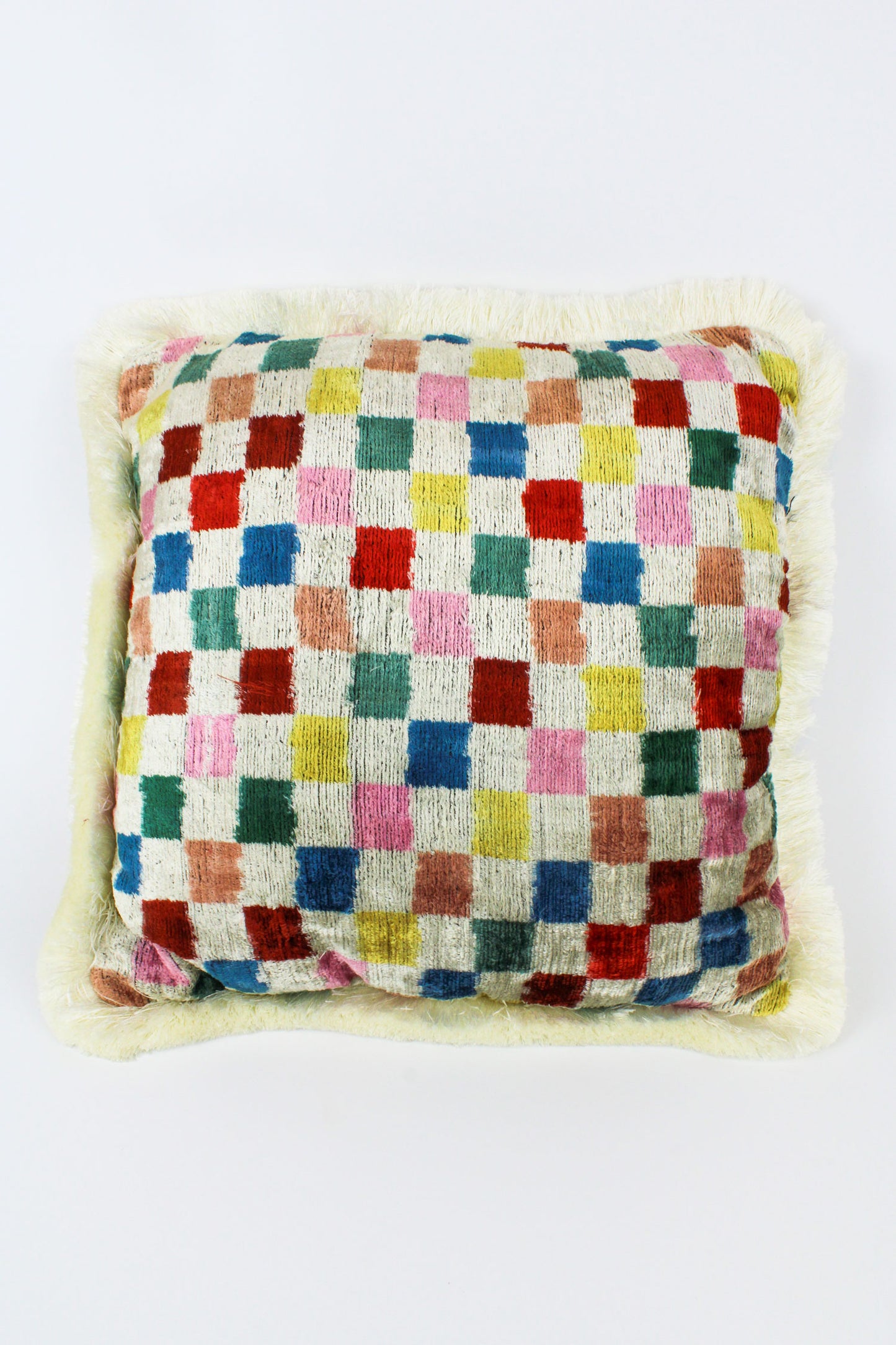 UZBEKI HANDWOVEN SILK VELVET SQUARE CUSHION - CHEQUERS CREAM (7916691390680)