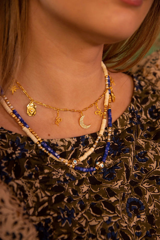 BLUE BEADED AND GOLD EYE CHARM NECKLACE (7899726774488)