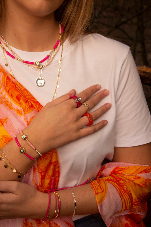 PINK BEADED AND GOLD EYE CHARM NECKLACE (7899725758680)