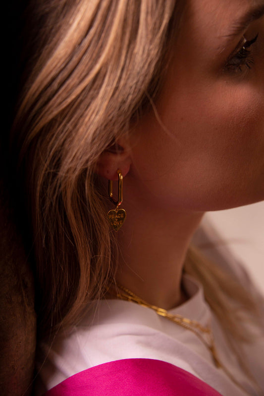 GOLD PEACE & LOVE HEART CHARM HOOPS (7896126357720)