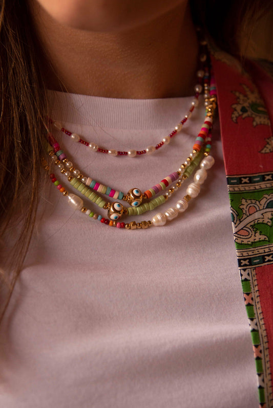 GREEN BEADED AND GOLD EYE CHARM NECKLACE (7899724939480)
