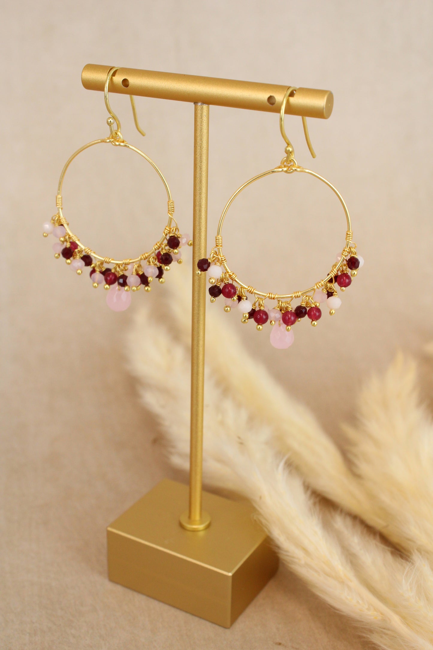 PINK BEADED DROP HOOPS (7784737898712)