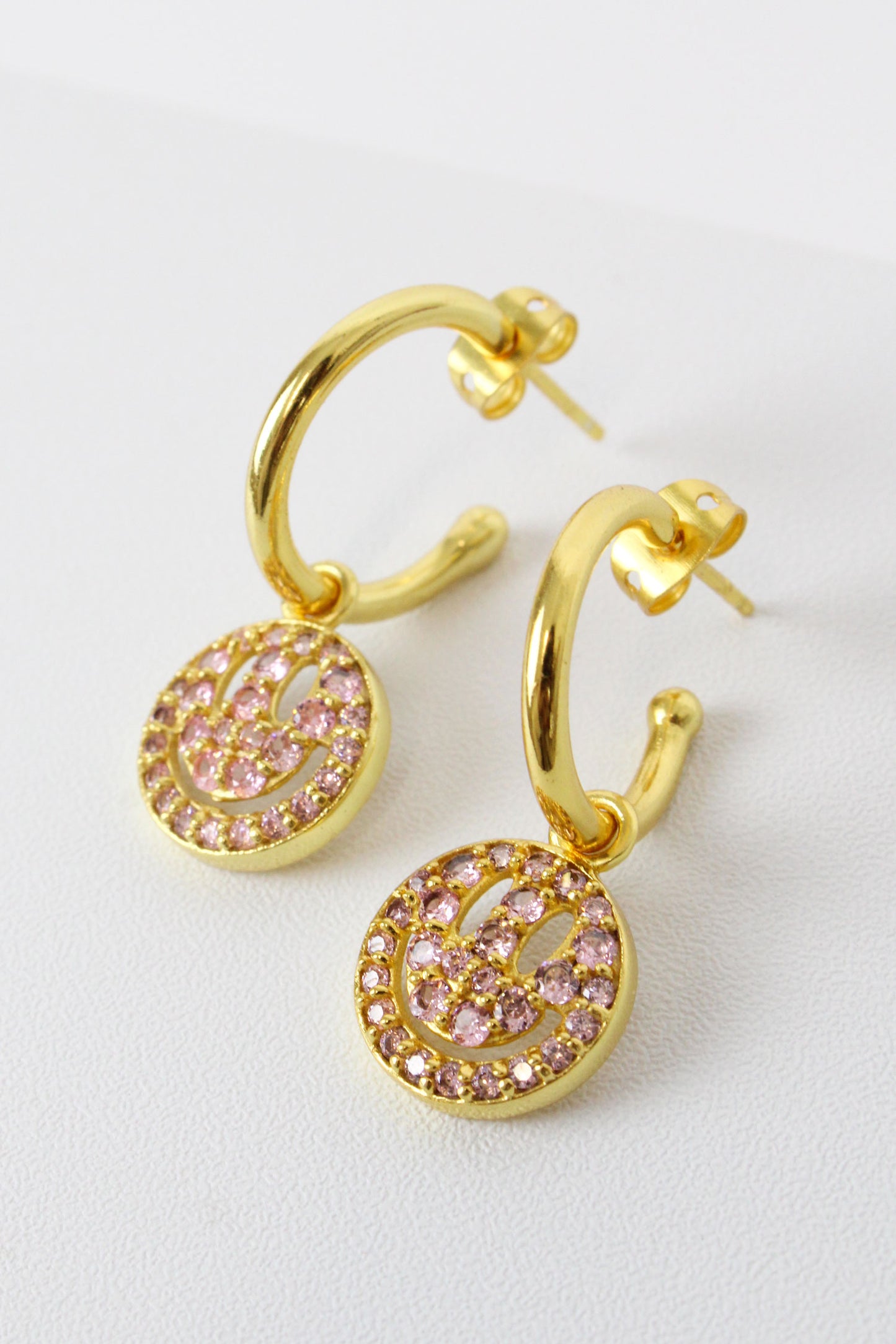 PINK CRYSTAL SMILEY HOOPS (7791595192536)