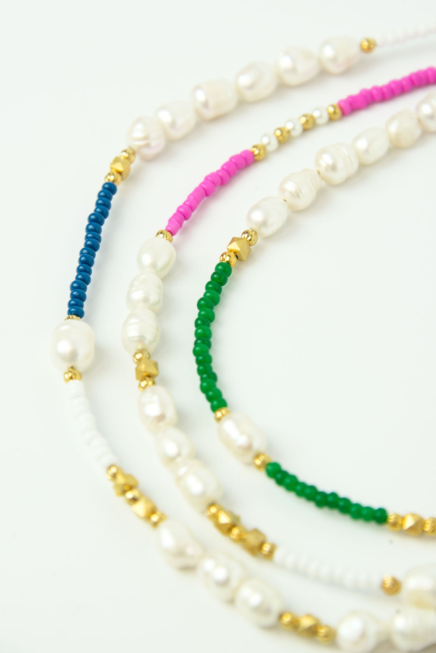 SET OF 3 - BLUE, GREEN AND PINK BEADED AND PEARL NECKLACE (7969010352344)