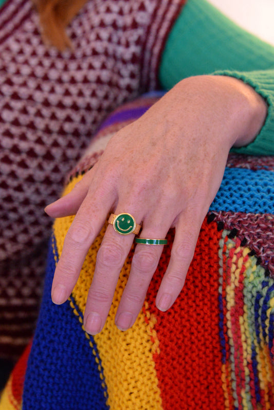 GREEN ENAMEL SMILEY RING (7858007441624)