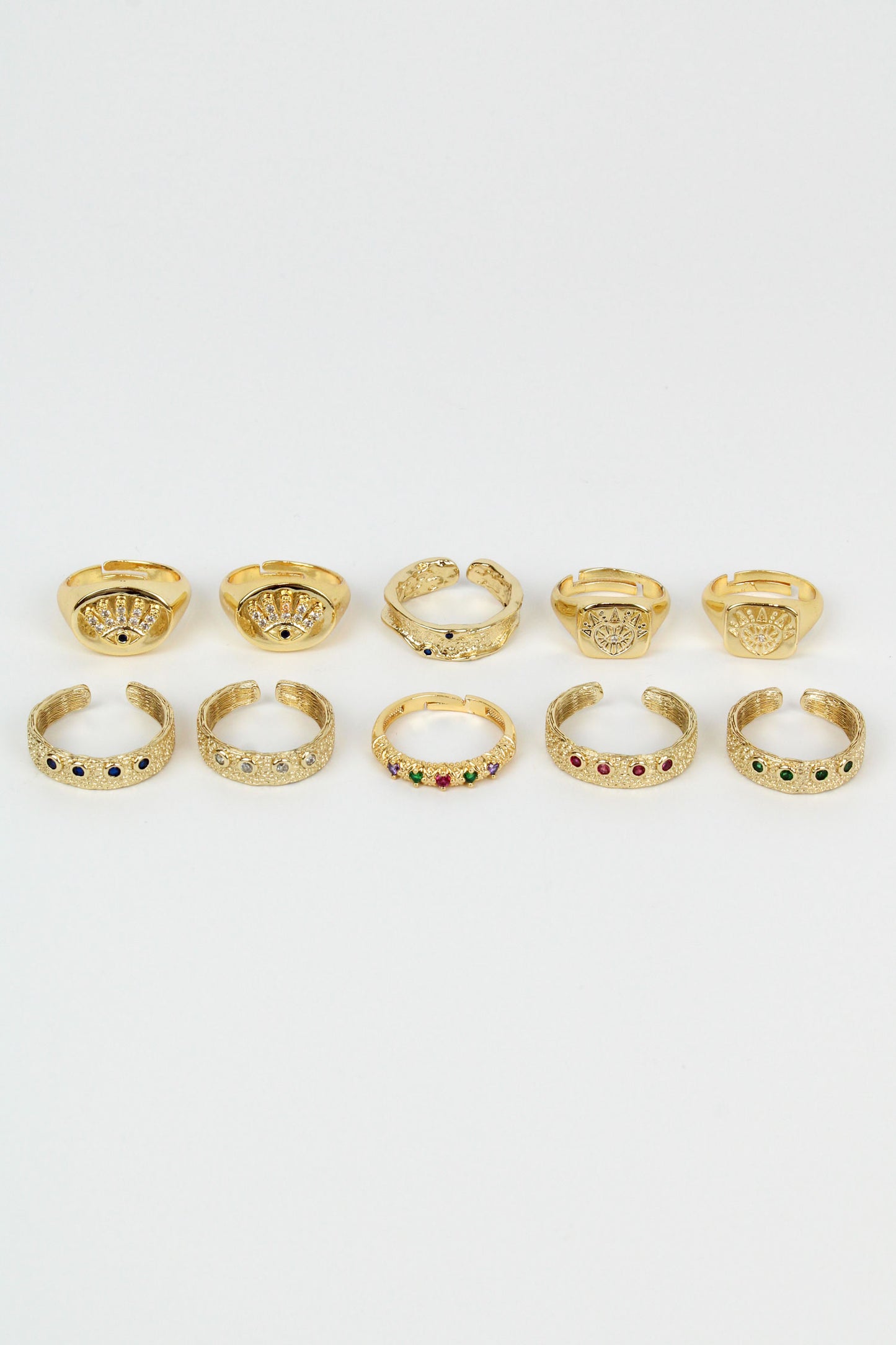 GOLD CRYSTAL & EVIL EYE RINGS - PACK OF 10 (7936202440920)