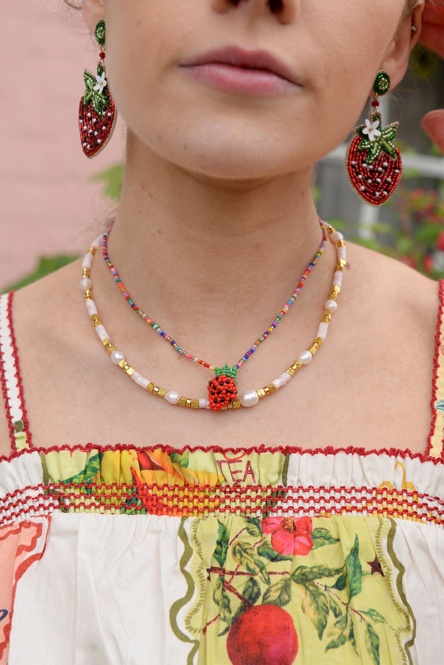 BEADED PINK CUBE AND GOLD PEARL NECKLACE