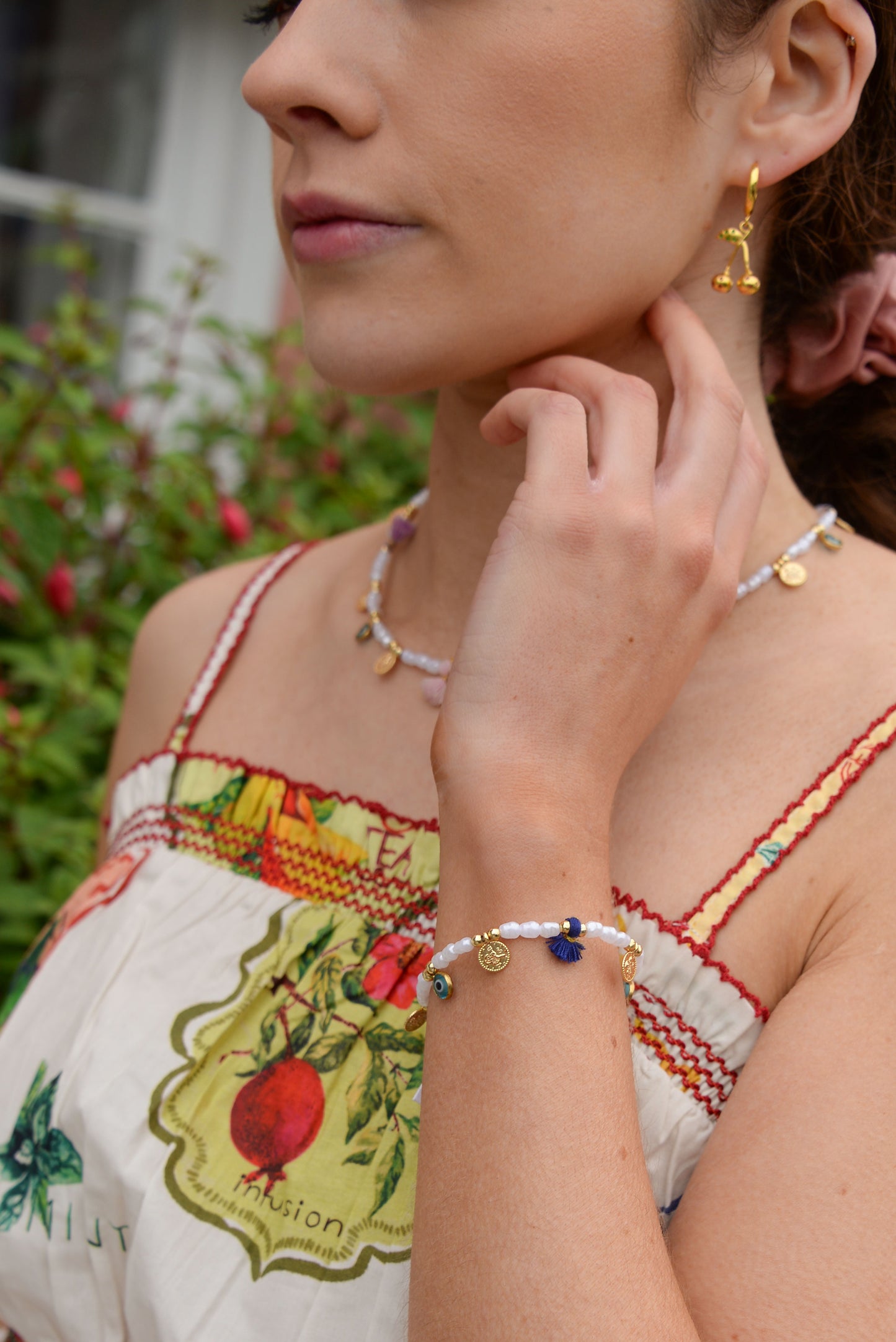 PEARL CHARM BLUE & YELLOW TASSLE BRACELET