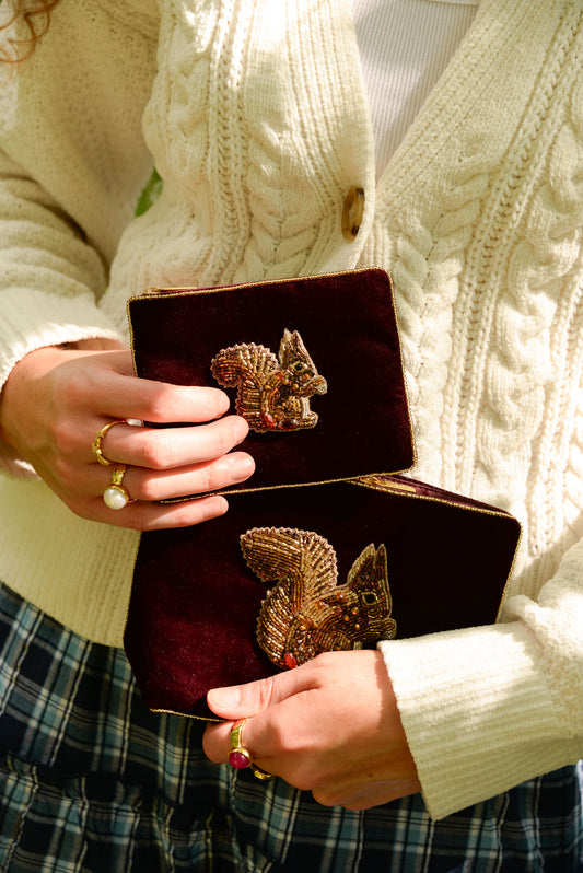 BURGUNDY SQUIRREL SMALL VELVET POUCH