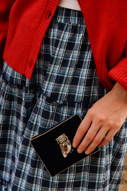 NAVY BLUE OWL SMALL VELVET POUCH