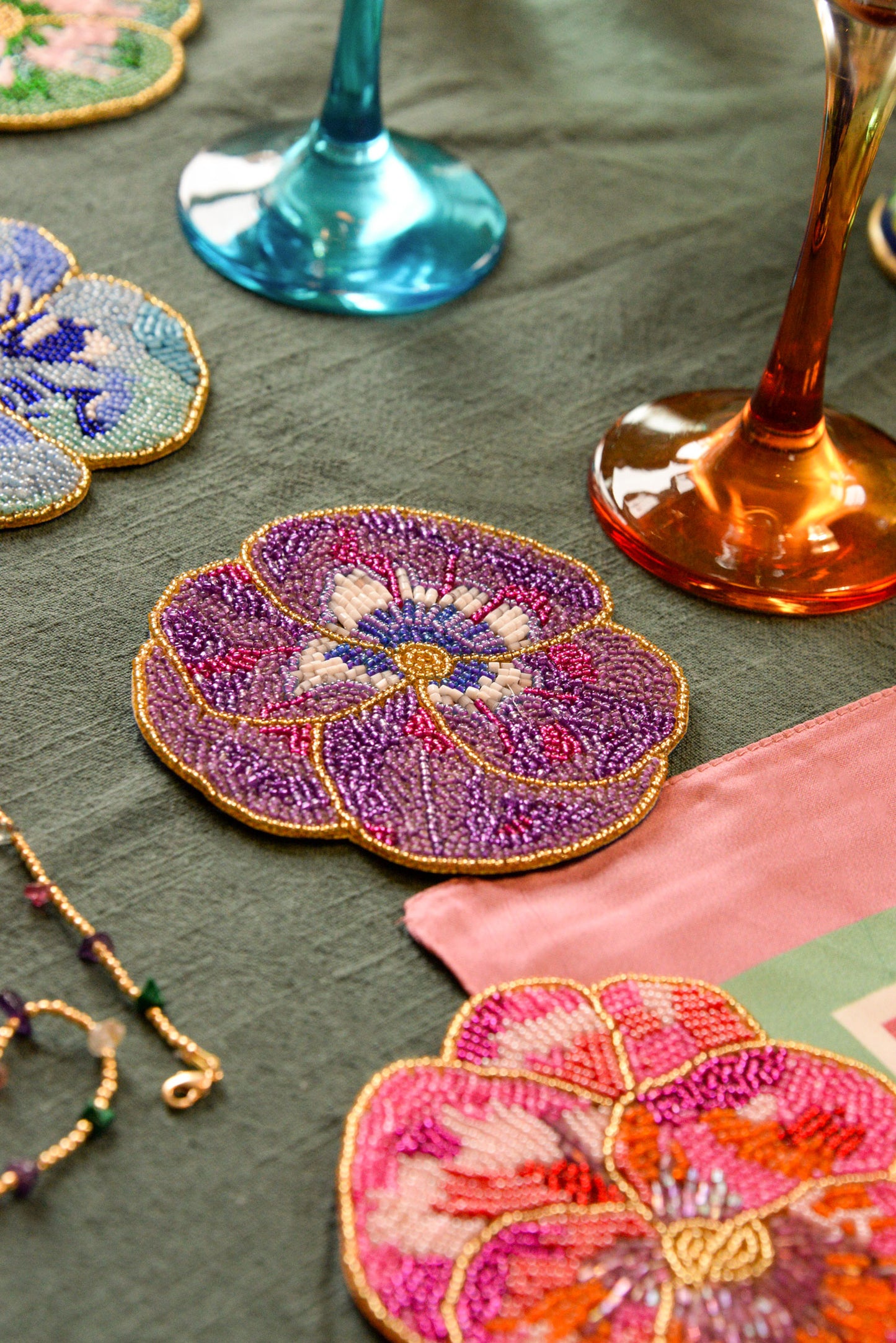 BEADED PANSY COASTERS - SET OF 4