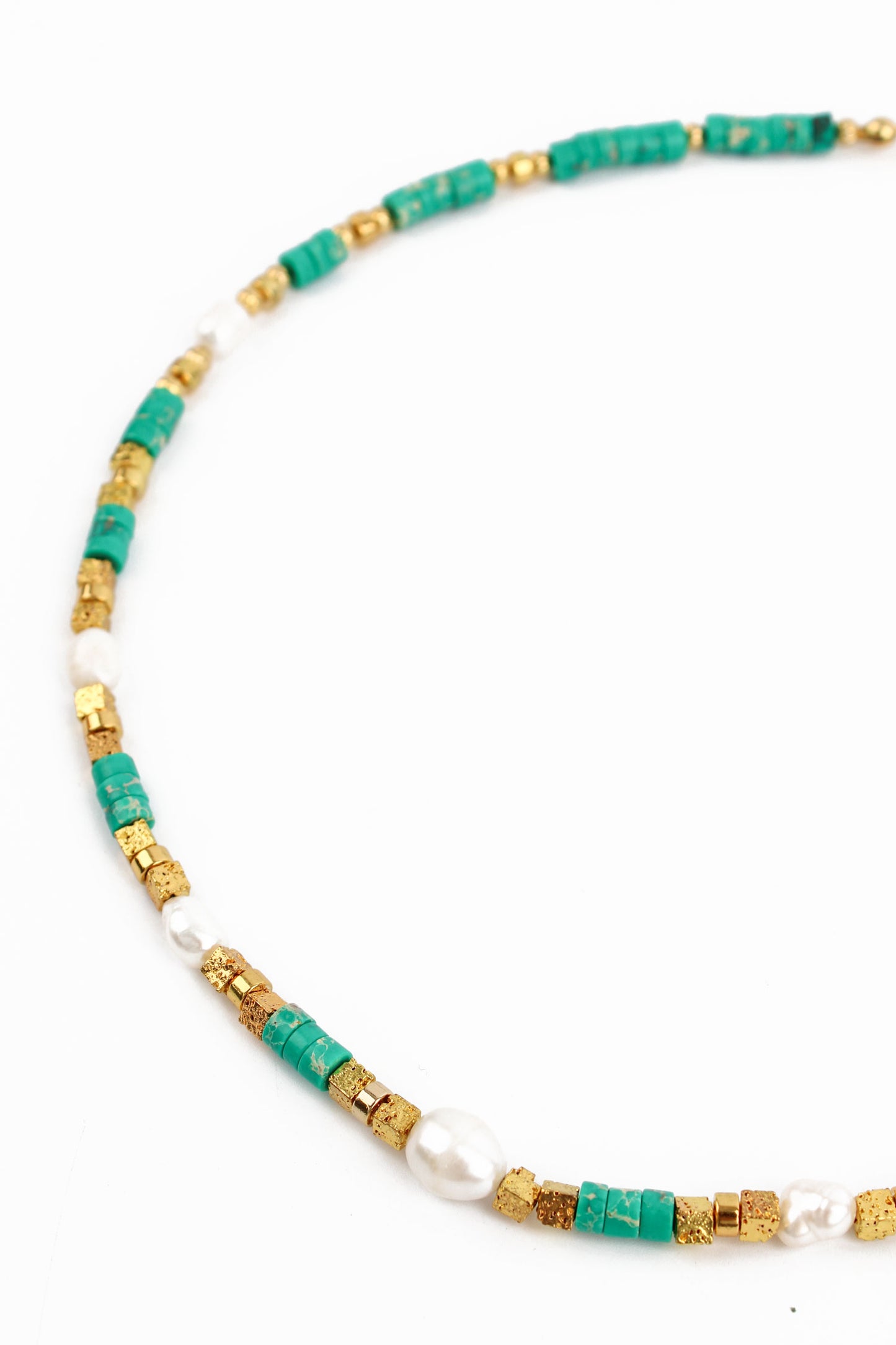 BEADED GREEN CUBE AND GOLD PEARL NECKLACE