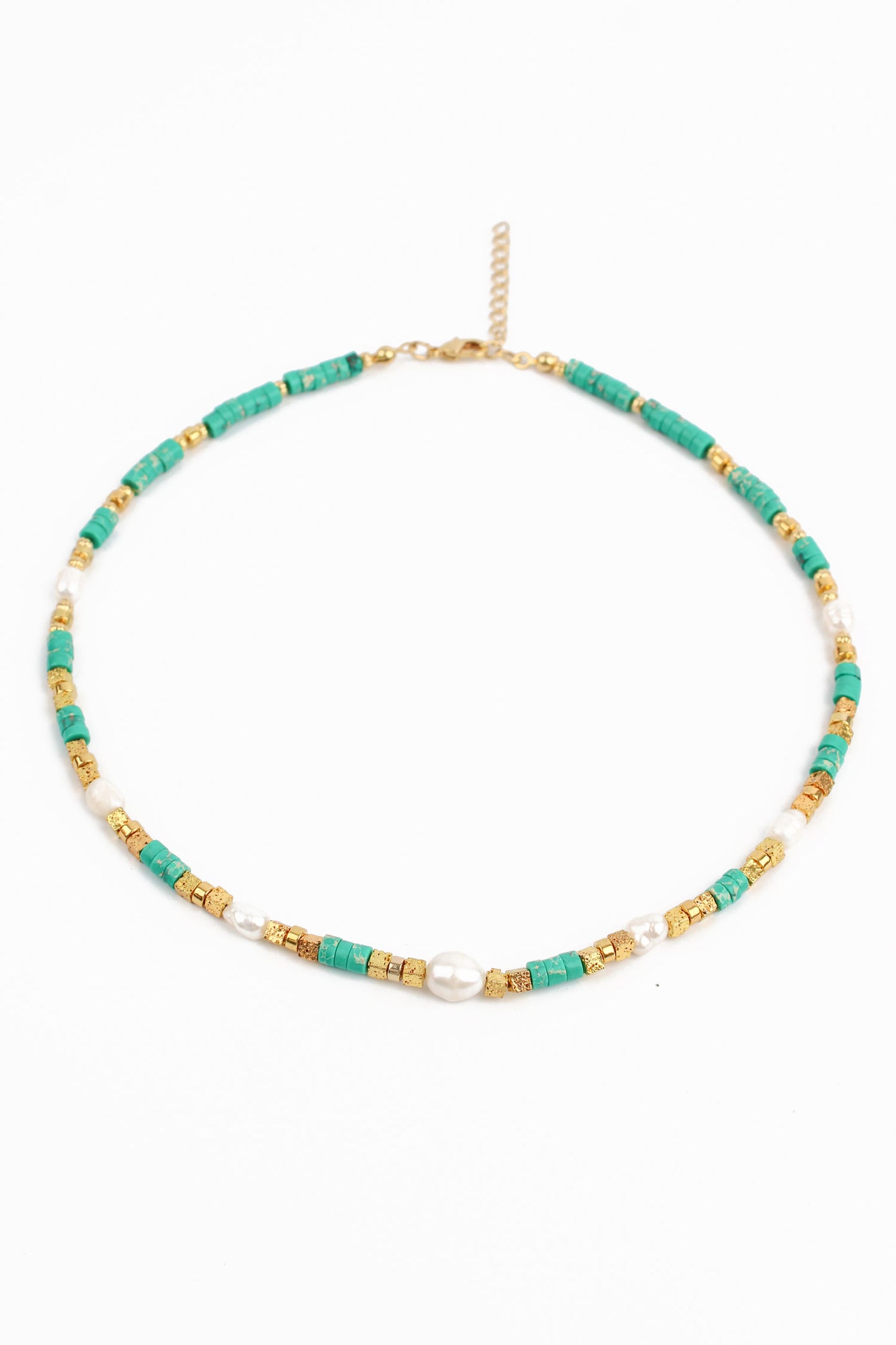 BEADED GREEN CUBE AND GOLD PEARL NECKLACE