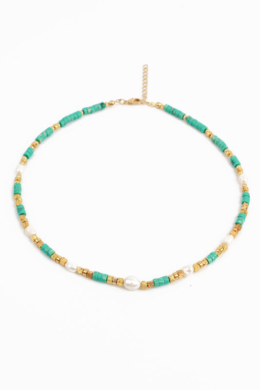 BEADED GREEN CUBE AND GOLD PEARL NECKLACE