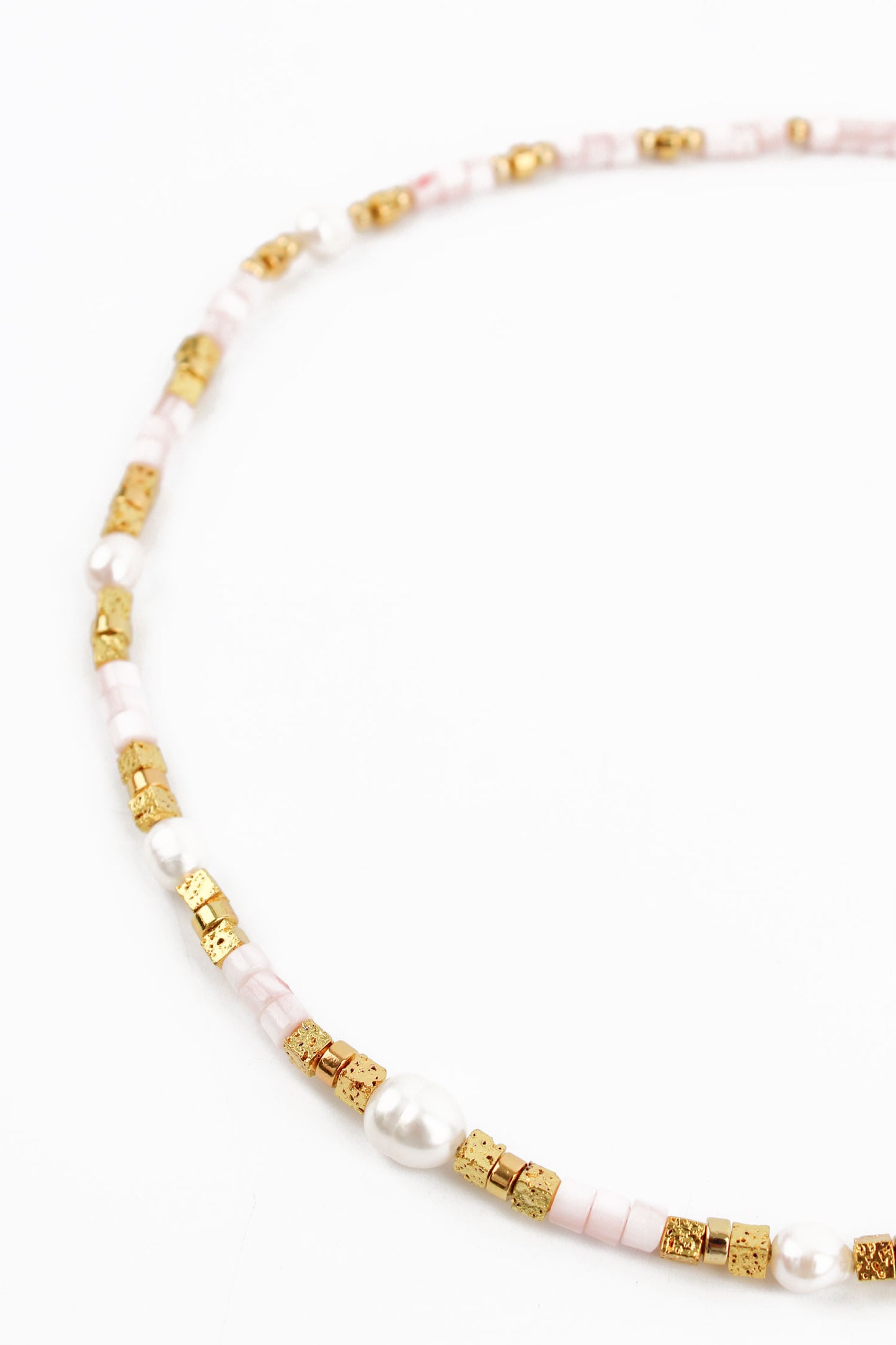 BEADED PINK CUBE AND GOLD PEARL NECKLACE