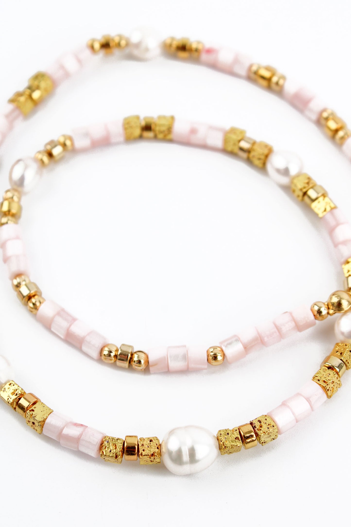 BEADED PINK CUBE AND GOLD PEARL NECKLACE