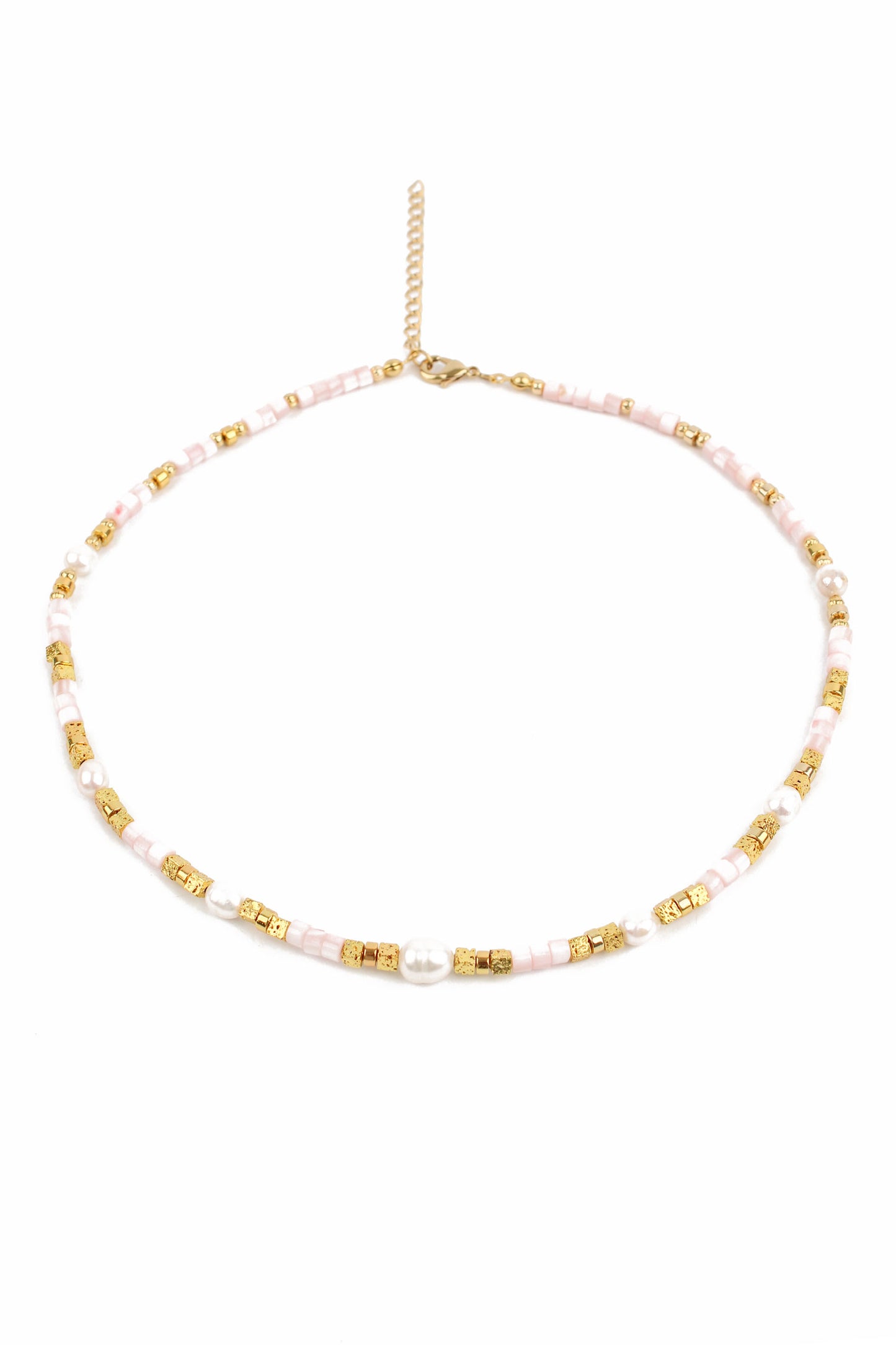 BEADED PINK CUBE AND GOLD PEARL NECKLACE