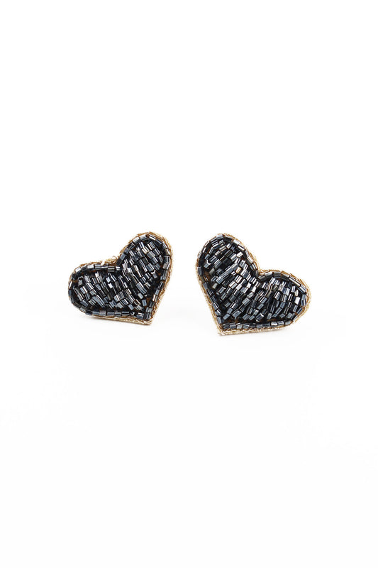 BLACK BEADED HEART STUDS