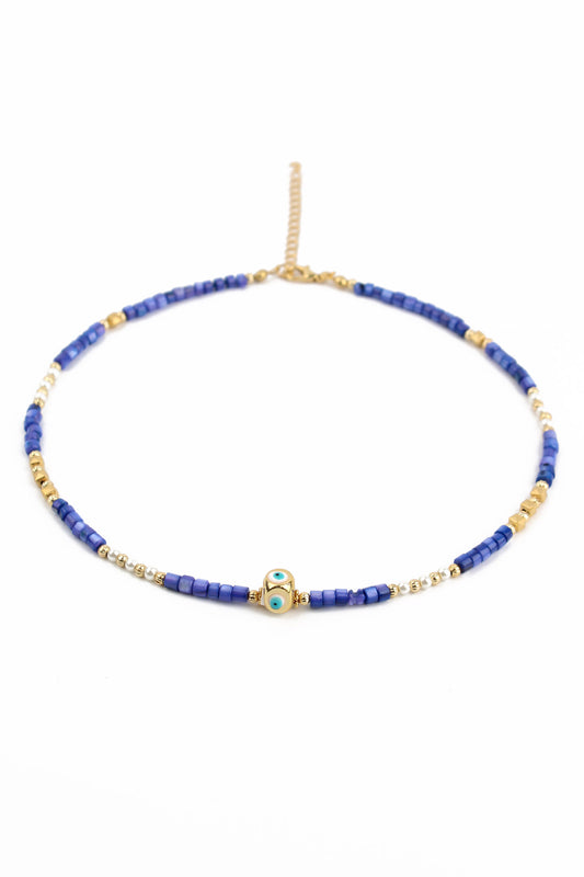 BLUE BEADED AND GOLD EYE CHARM NECKLACE