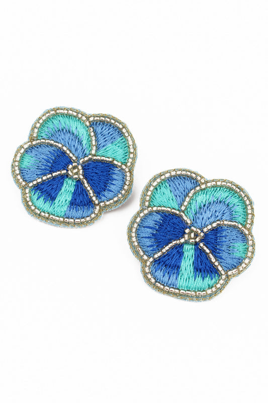 BLUE PANSY STUD BEADED EARRINGS