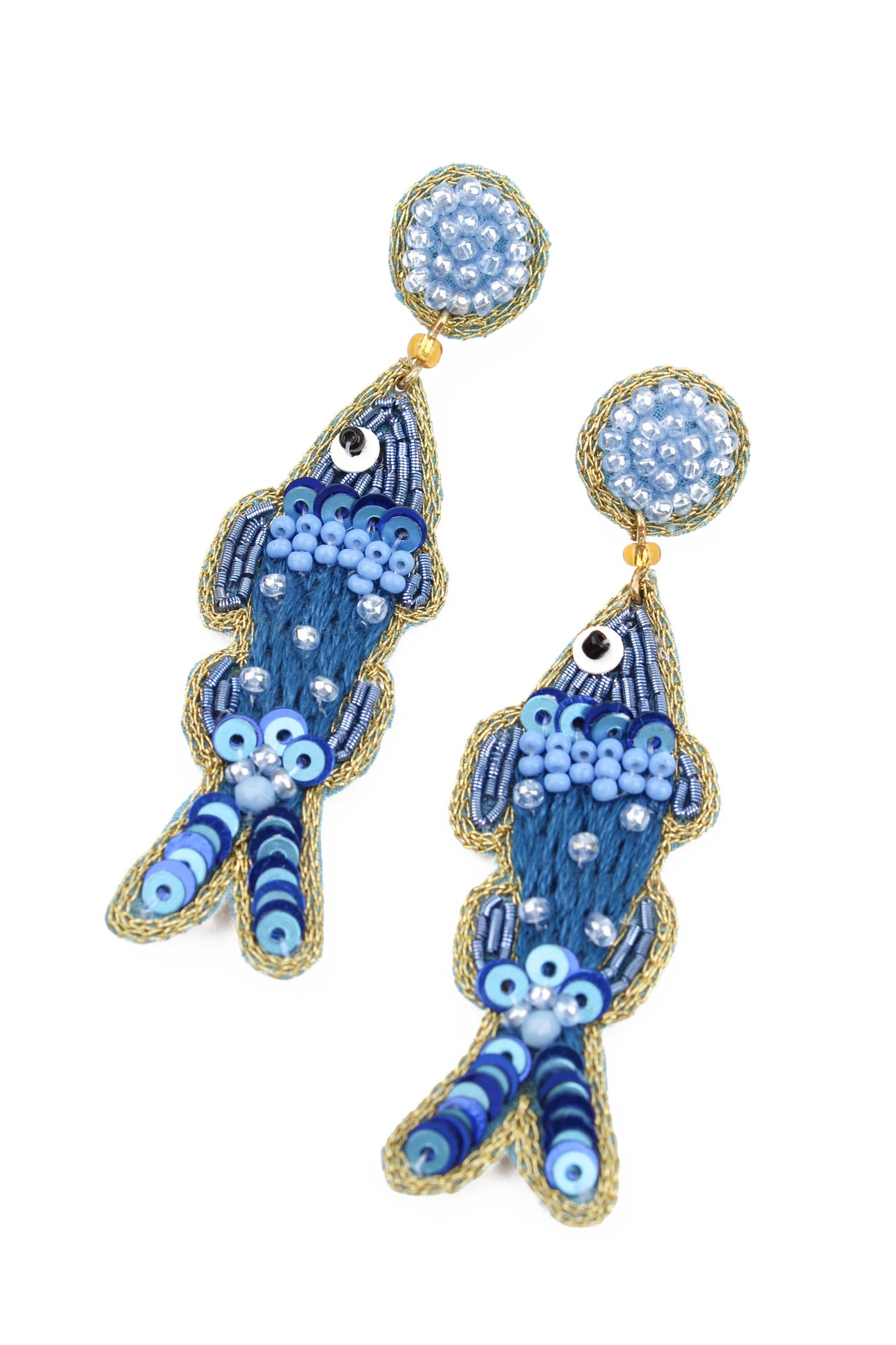 BLUE STITCH BEADED FISH EARRINGS