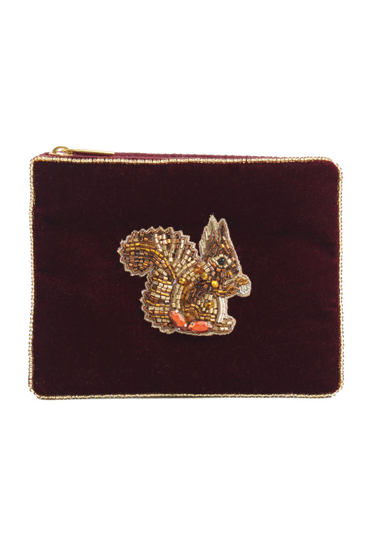 BURGUNDY SQUIRREL SMALL VELVET POUCH