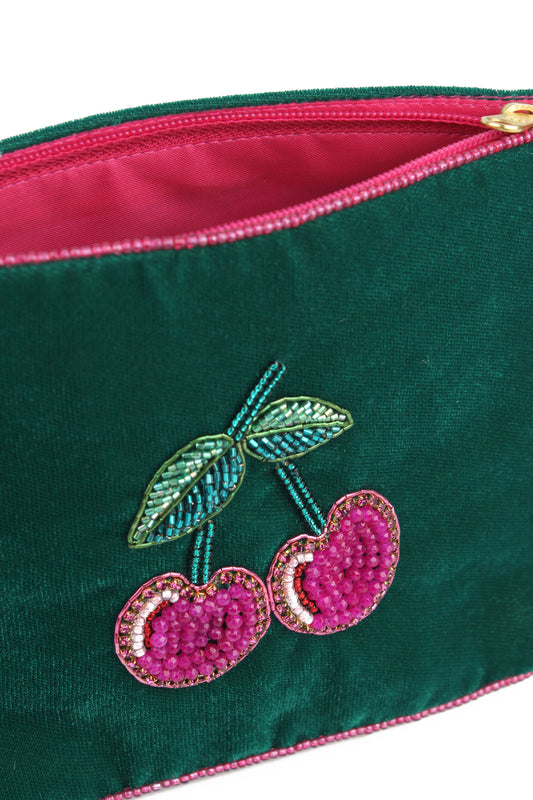 CHERRY GREEN VELVET MEDIUM POUCH