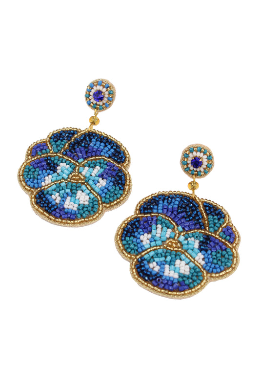DARK BLUE WINTER PANSY BEADED EARRINGS