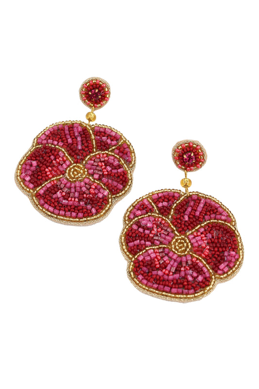DARK PINK WINTER PANSY BEADED EARRINGS