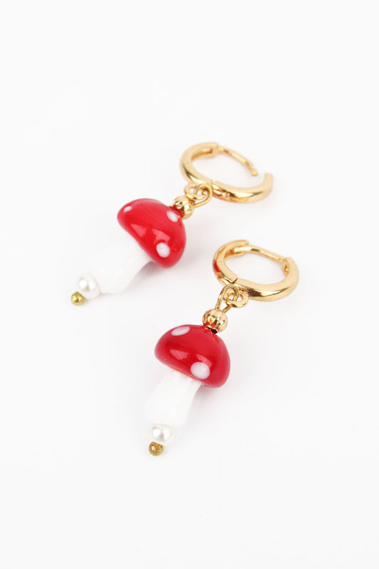 DARK RED GLASS MUSHROOM HUGGIE HOOPS