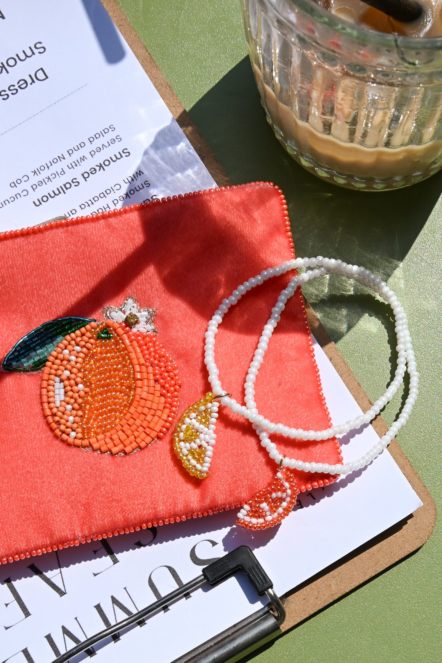 ORANGE SLICE ON PEARL SEED BEAD BRACELET
