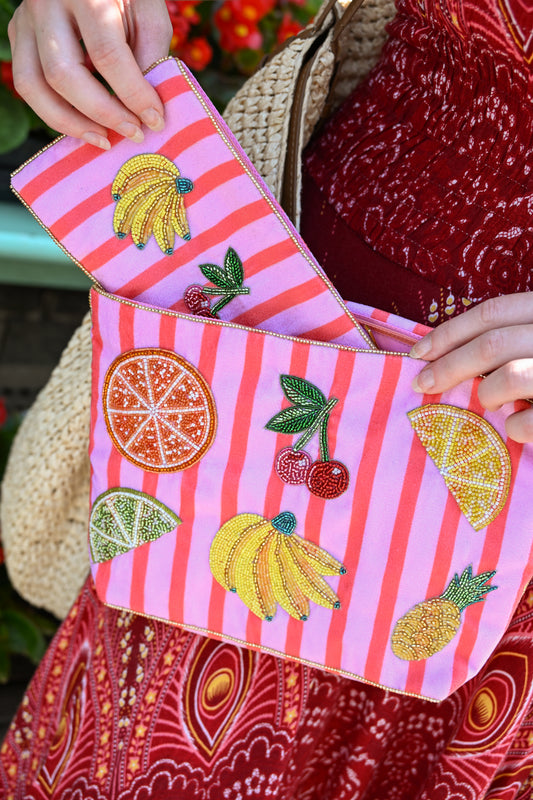 MULTI FRUIT ON STRIPE LARGE POUCH