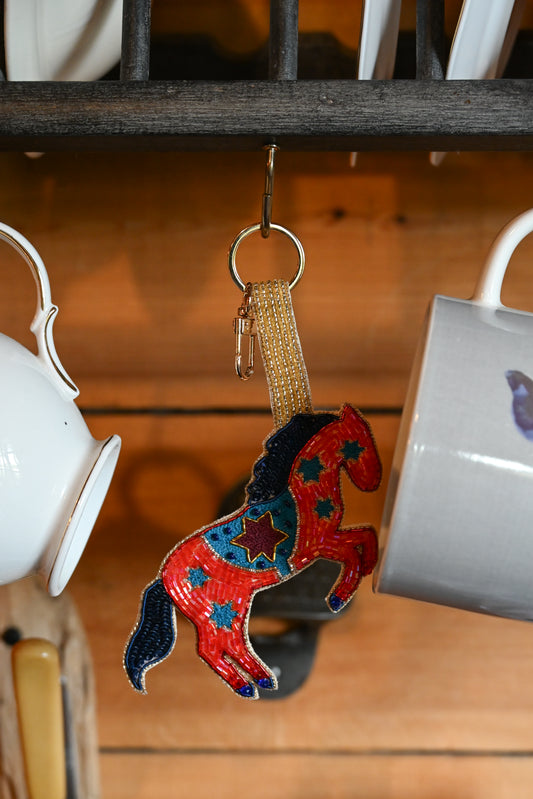 RED AND BLUE FOLK HORSE LARGE KEYRING/BAG CHARM