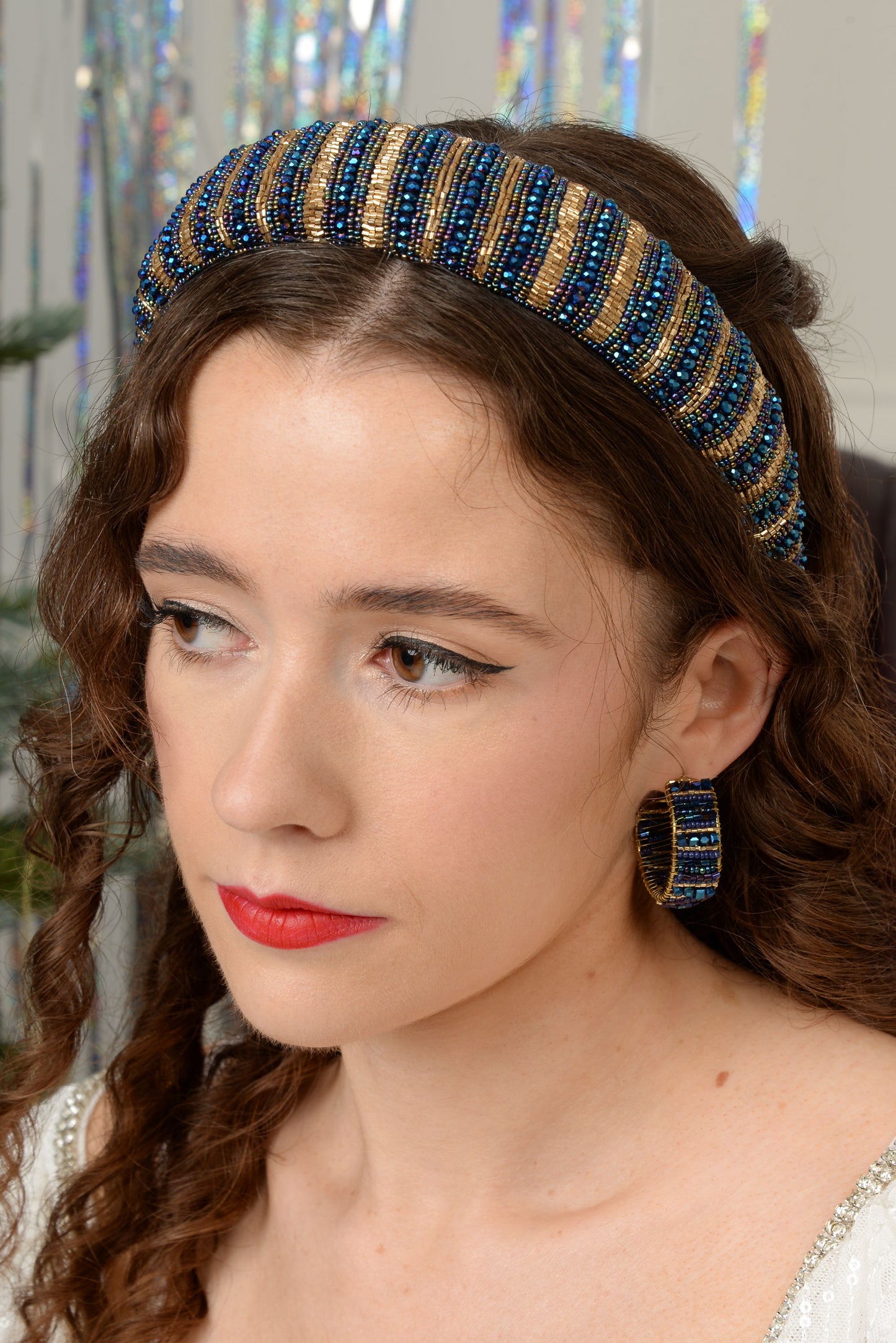 BLUE AND GOLD BEADED HEADBAND