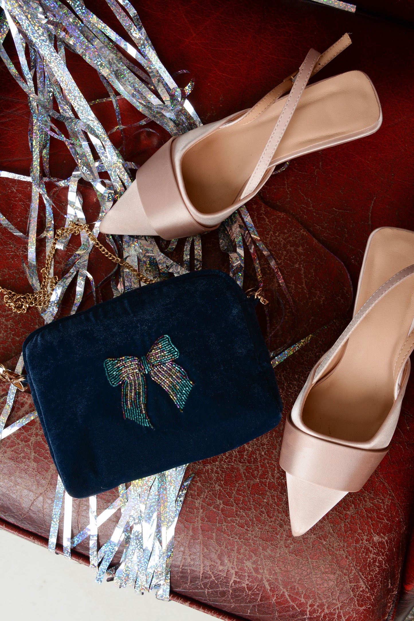 NAVY VELVET SILVER BLUE BOW CROSSBODY BAG