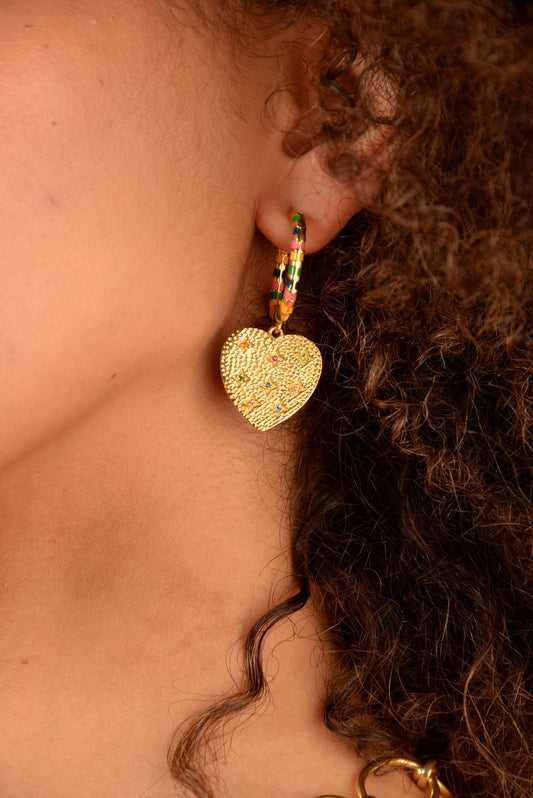 GOLD RAINBOW ENAMEL AND CRYSTAL HEART CHARM HOOPS (7965634330840)