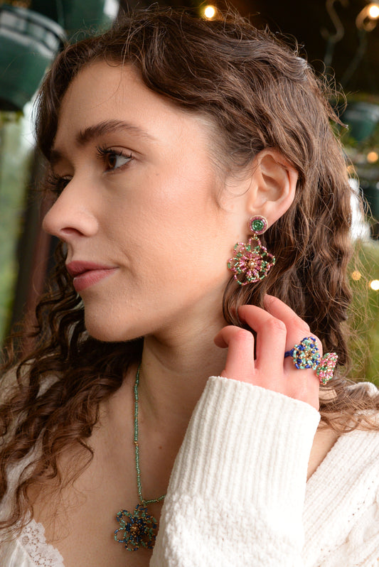 PINK AND GREEN BEADED FLOWER EARRINGS