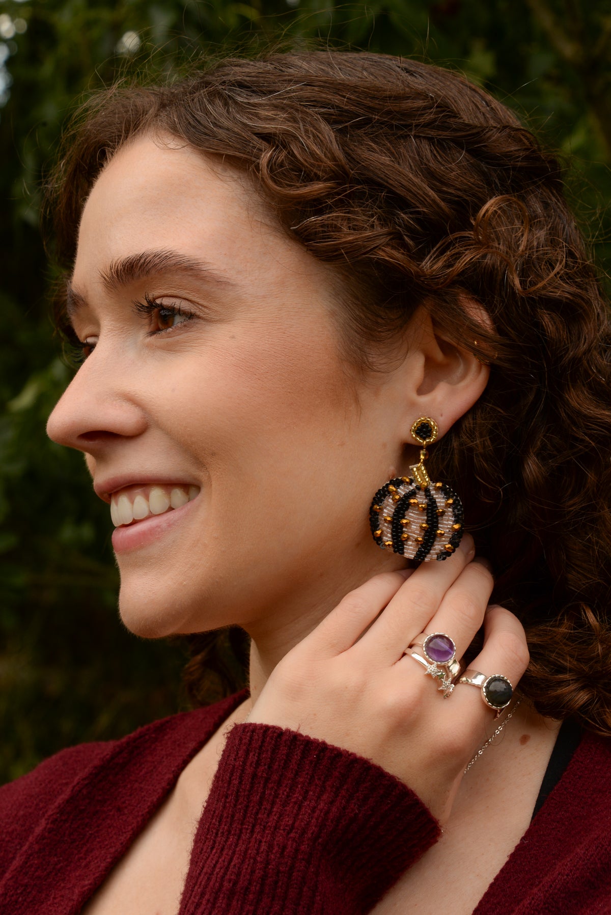 HALLOWEEN BLACK AND GOLD PUMPKIN BEADED EARRINGS