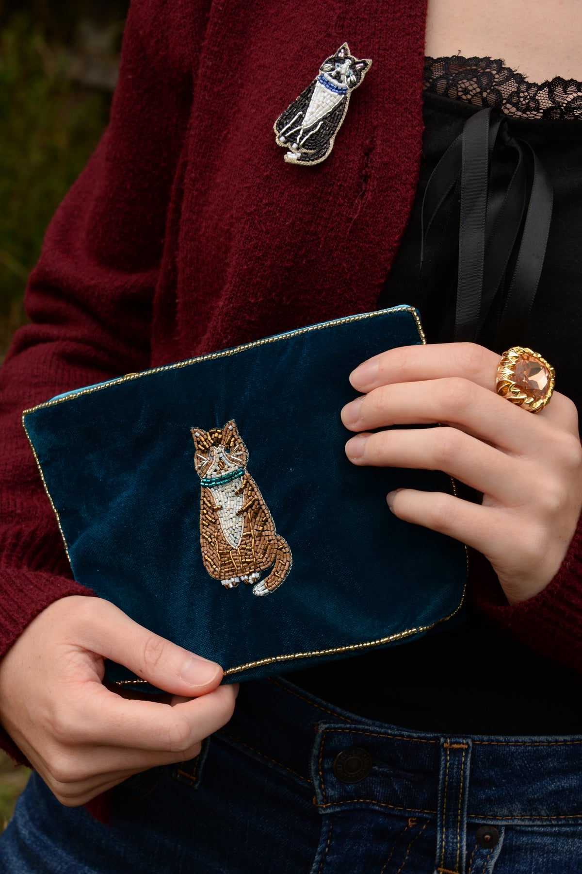 BLACK AND WHITE CAT WITH COLLAR BROOCH