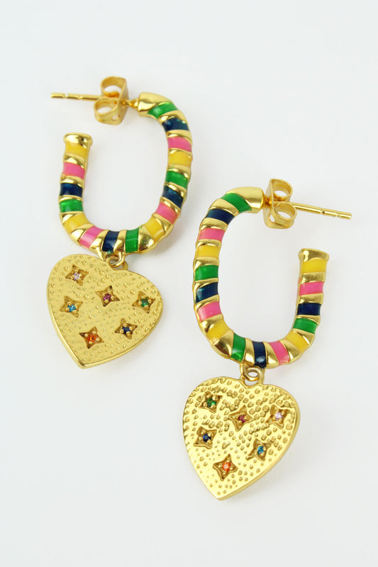 GOLD RAINBOW ENAMEL AND CRYSTAL HEART CHARM HOOPS (7965634330840)