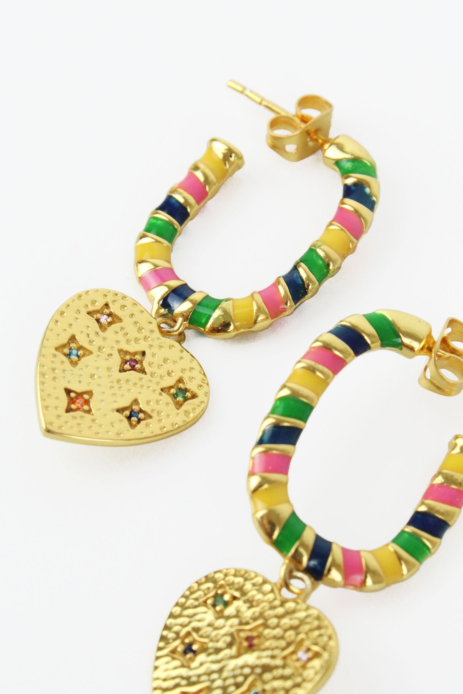 GOLD RAINBOW ENAMEL AND CRYSTAL HEART CHARM HOOPS (7965634330840)