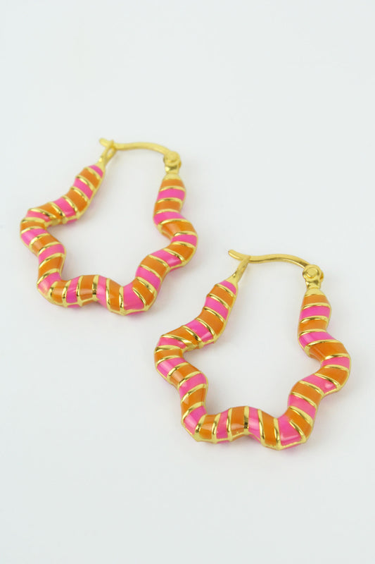 PINK ENAMEL WAVY GOLD HOOPS (7965646356696)