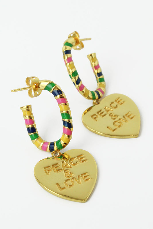 PEACE & LOVE HEART CHARM RAINBOW ENAMEL HOOPS (7965648486616)