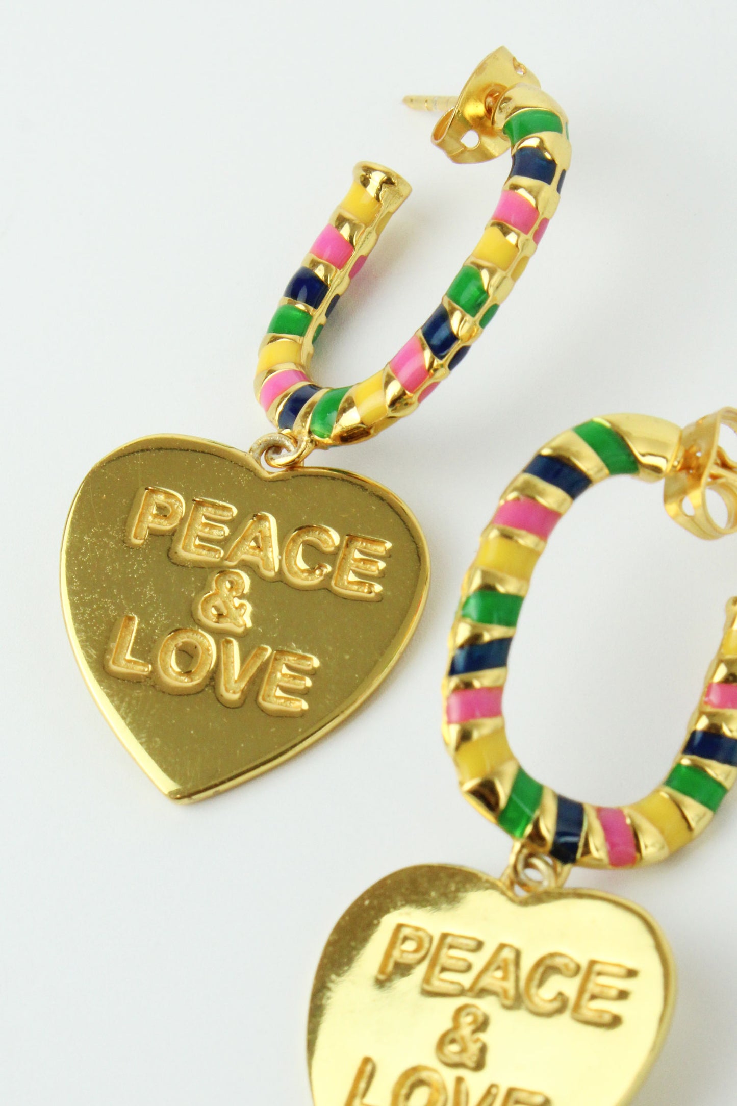 PEACE & LOVE HEART CHARM RAINBOW ENAMEL HOOPS (7965648486616)