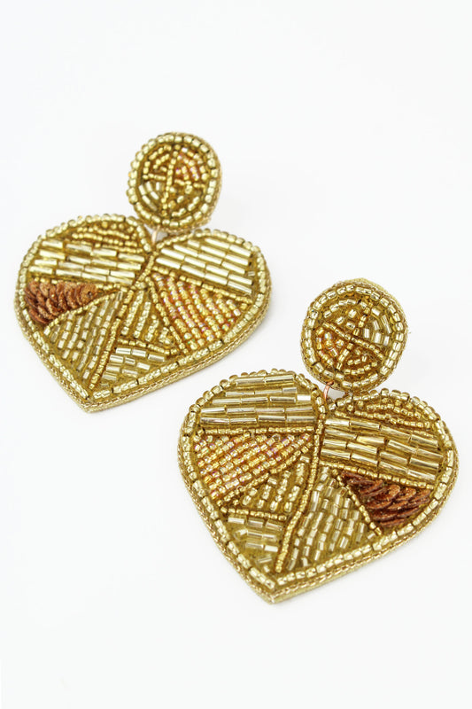 GOLD PATCHWORK BEADED HEART EARRINGS (8018801393880)