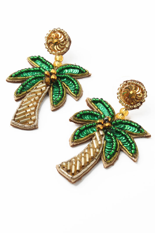 GOLD AND GREEN PALM TREE EARRINGS
